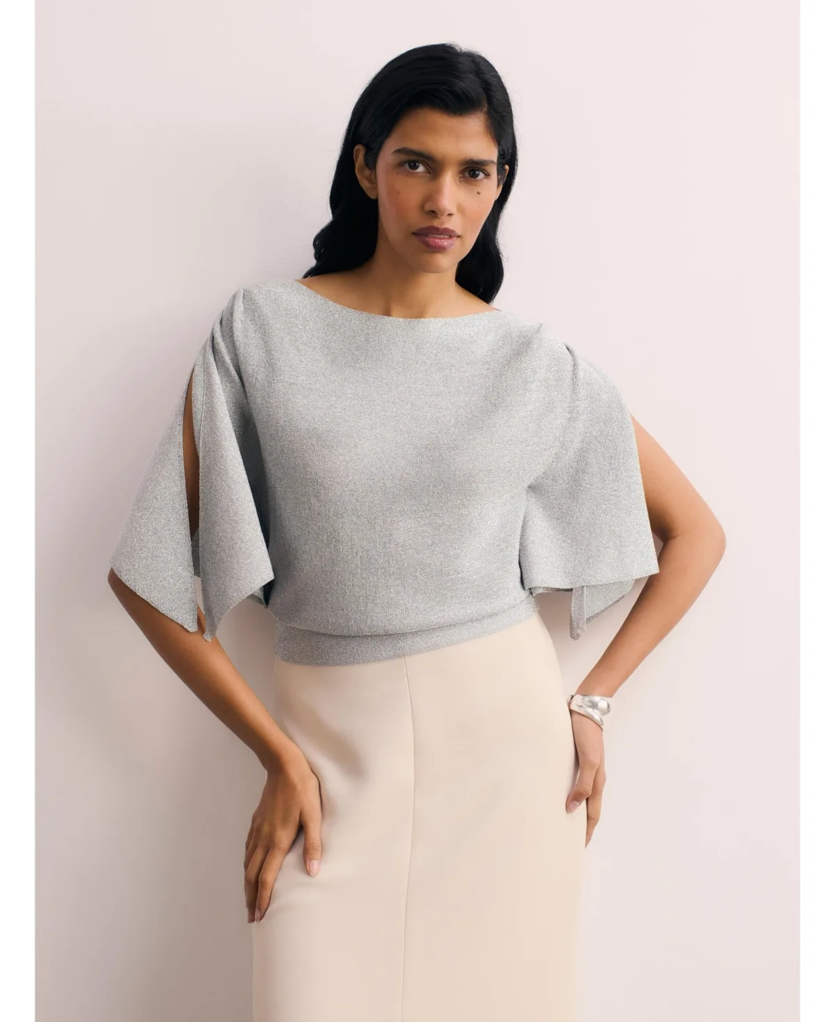 Liri Boat Neck Short-Sleeve Metallic Sweater by The Fold