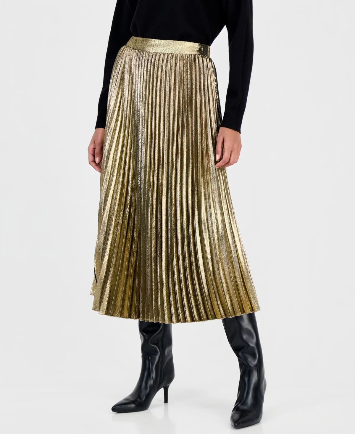 Pull-On Pleated Midi Skirt