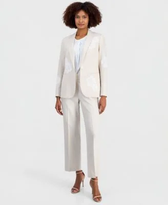 Linen Blend One Button Embroidered Blazer Wide Leg Pants by Anne Klein