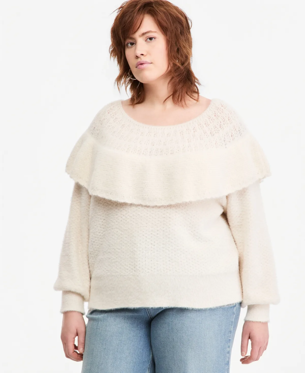 Pointelle Cape Ruffle-Trim Sweater