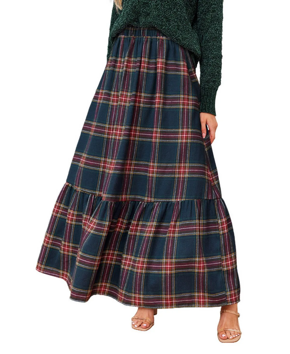 Plaid Tiered Ruffle Hem Maxi Skirt by Cupshe