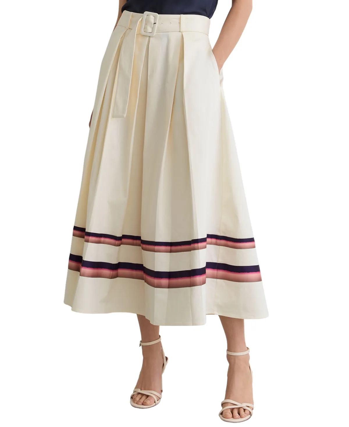Stripe Hem Pleated Midi High-Waisted Skirt by Reiss
