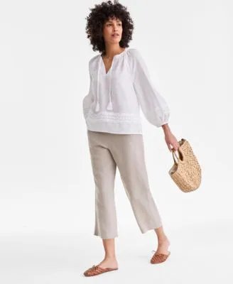 100 Linen Solid Cropped Pull on Pants by Charter Club