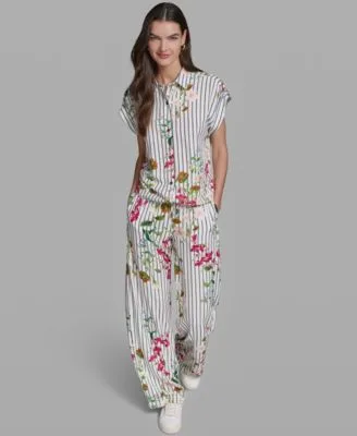 Short Sleeve Bungee Woven Collared Top Soft Mid Rise Pull on Pants by Karl Lagerfeld