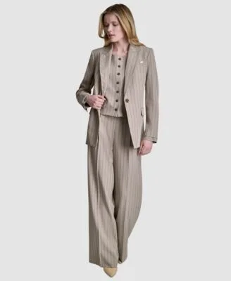 Pinstripe Notch Collar Blazer Pinstripe Button Front Vest Mid Rise Straight Fit Pants by DKNY