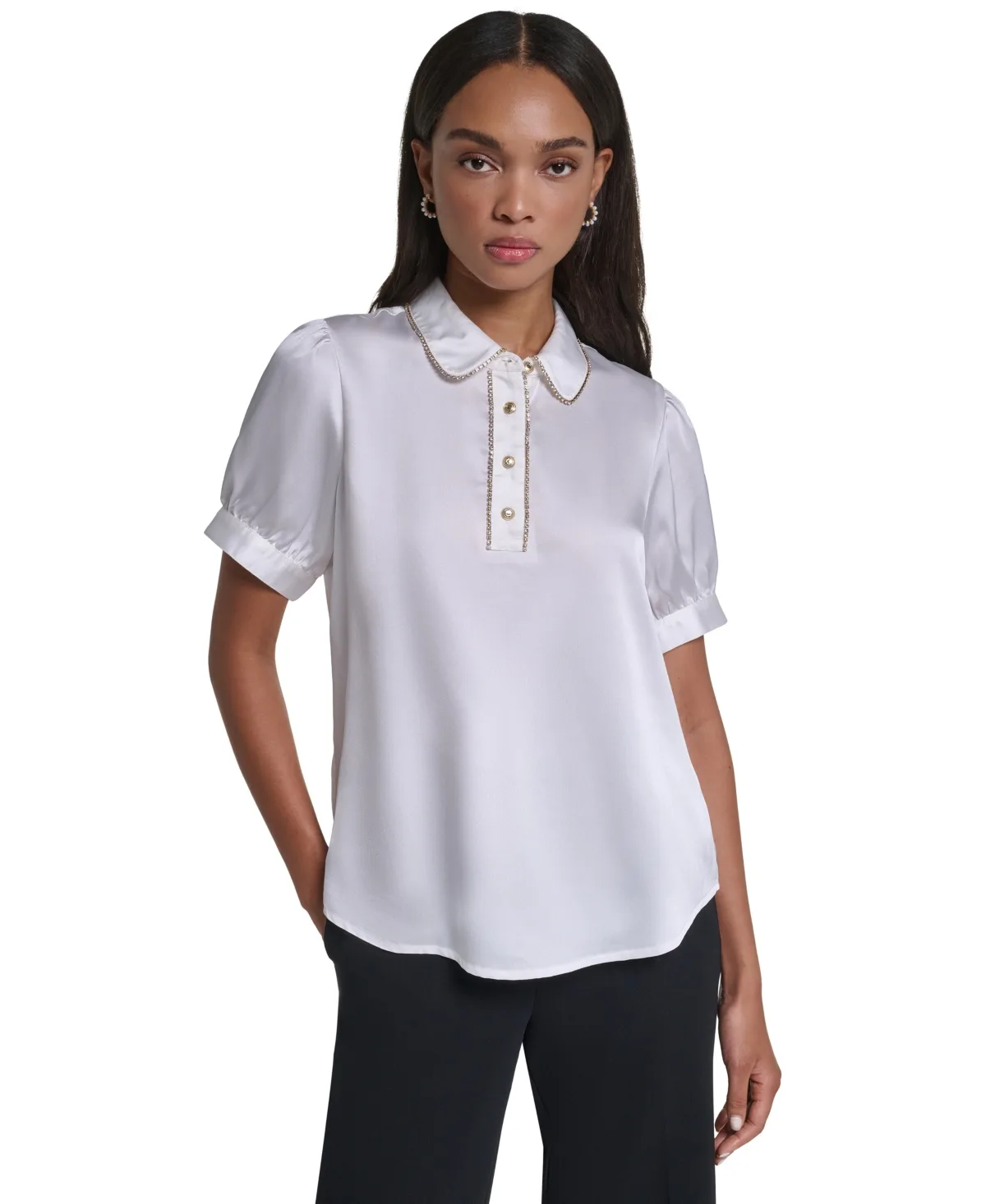 Short-Sleeve Satin Crystal-Embellished Collared Blouse