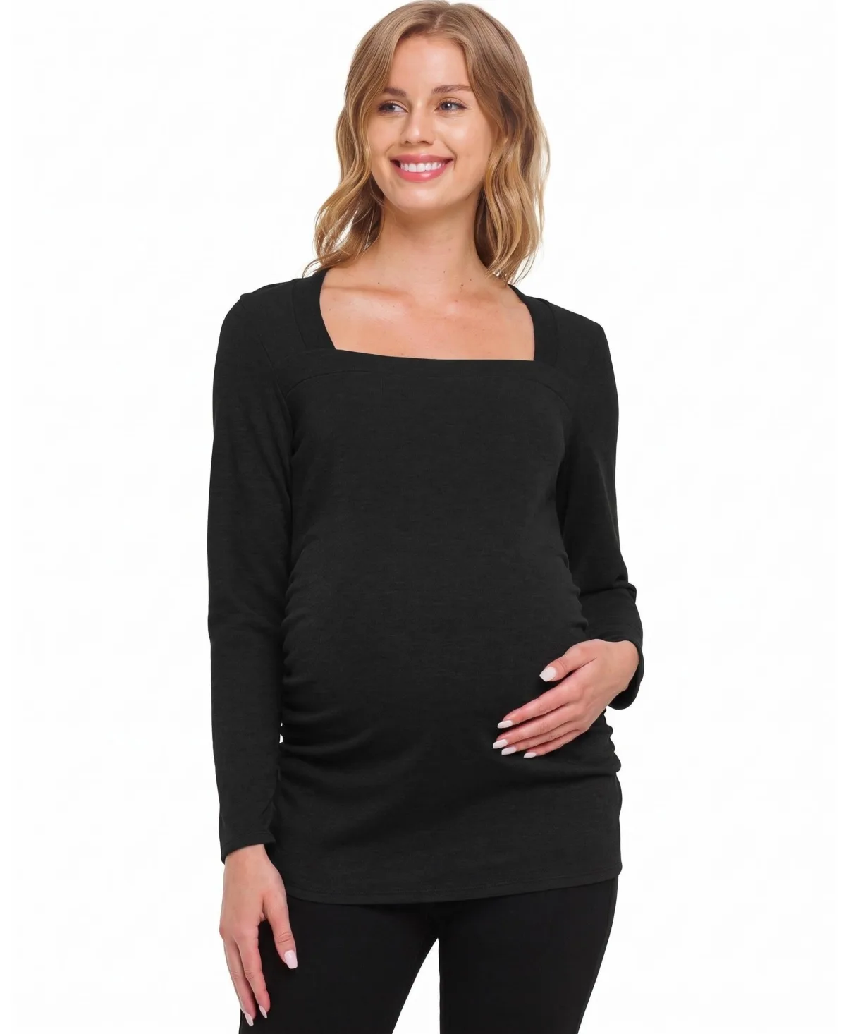 Maternity Square-Neck Ruched-Side Long-Sleeve Top