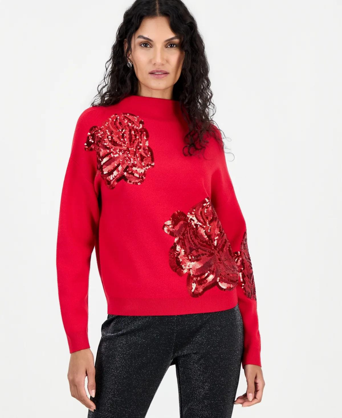 T Tahari Sequin-Embellished Floral Mock Neck Sweater by Tahari