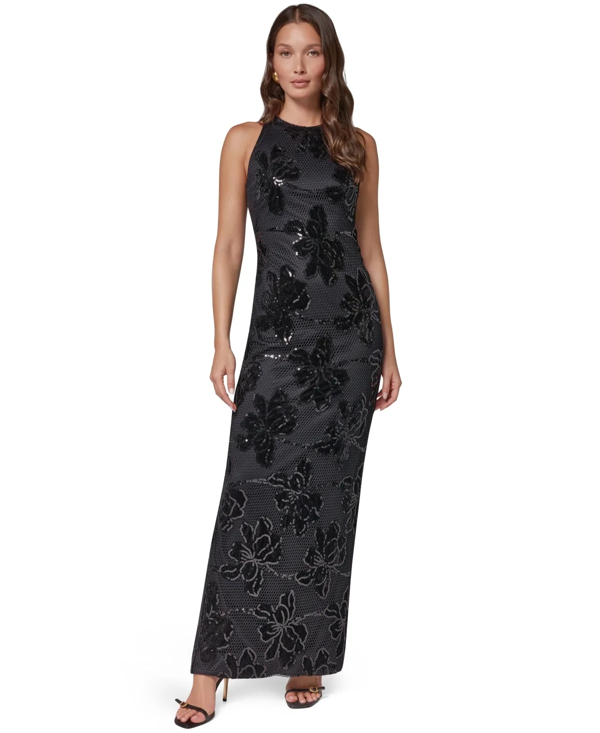 High-Neck Floral-Print Sequin Maxi Dress by Donna Karan New York