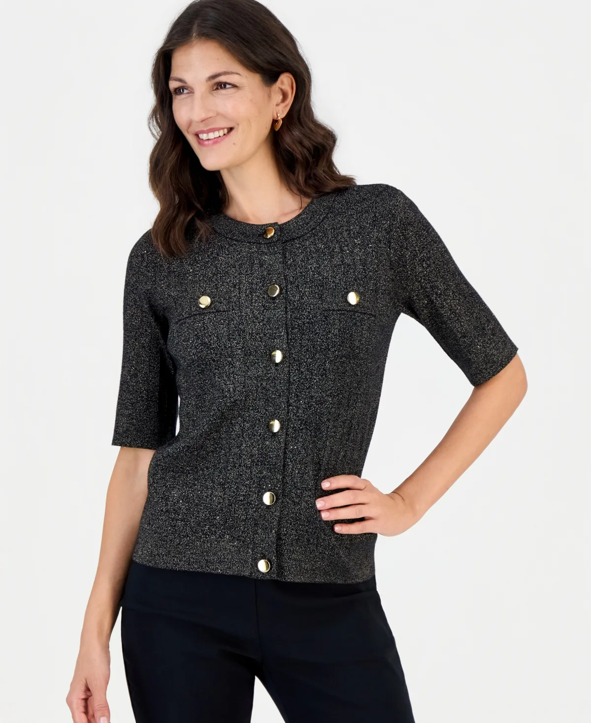Lurex Pointelle Short-Sleeve Cardigan Sweater