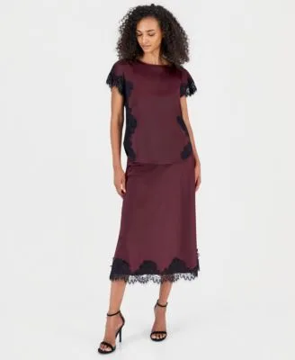 Short Sleeve Lace Trim Top Pull on Lace Trim Midi Skirt by Anne Klein