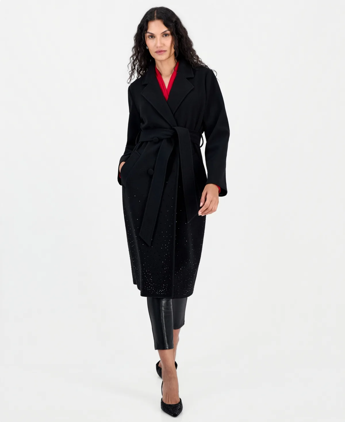 T Tahari Double-Breasted Heatset Embellishment Self Waist Tie Coat by Tahari