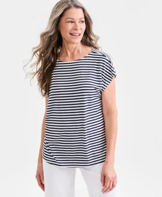 Striped Short Sleeve Mixed Media Tee by Style & Co