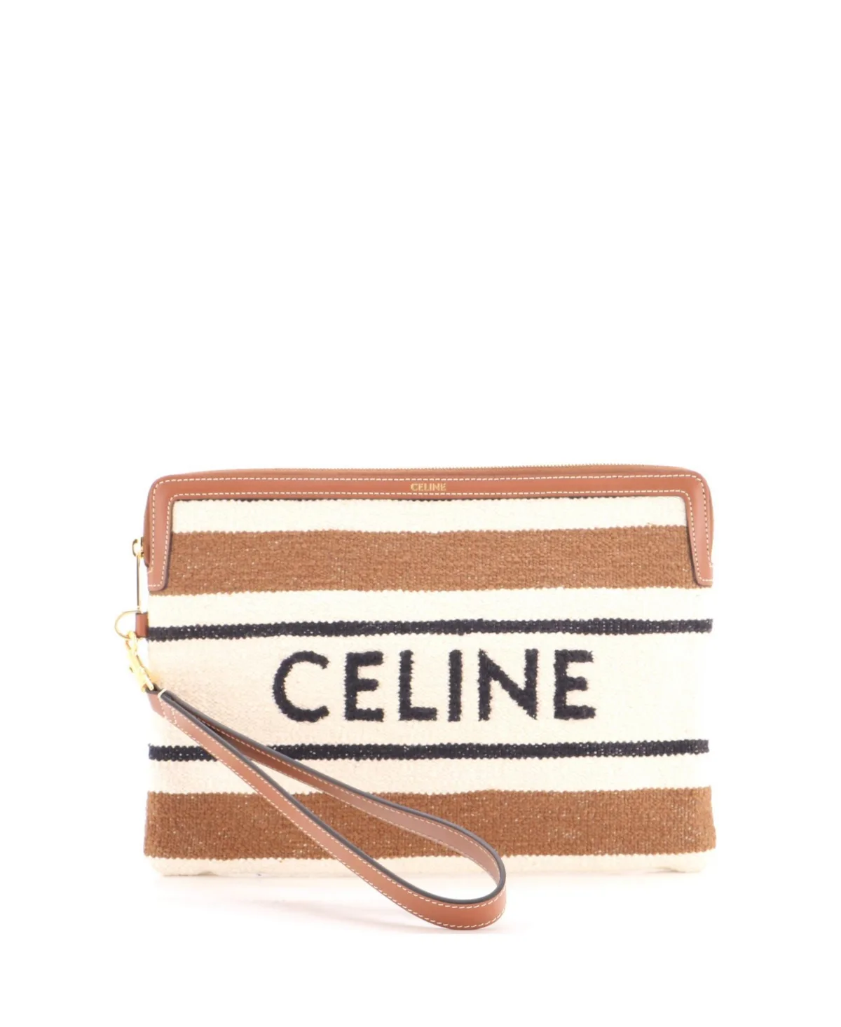 Pre-Owned Celine Small Logo Zip Wristlet Pouch Striped Jacquard Textile by Celine