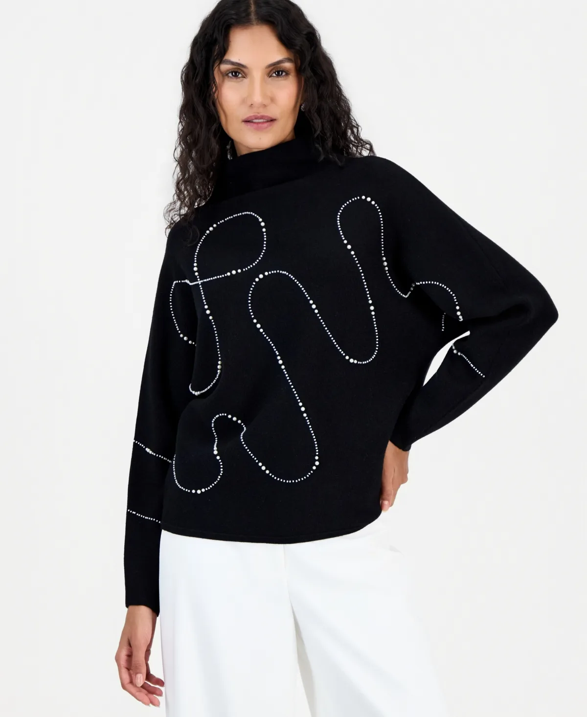 T Tahari Funnel Neck Dolman Sleeve Embellished Sweater by Tahari
