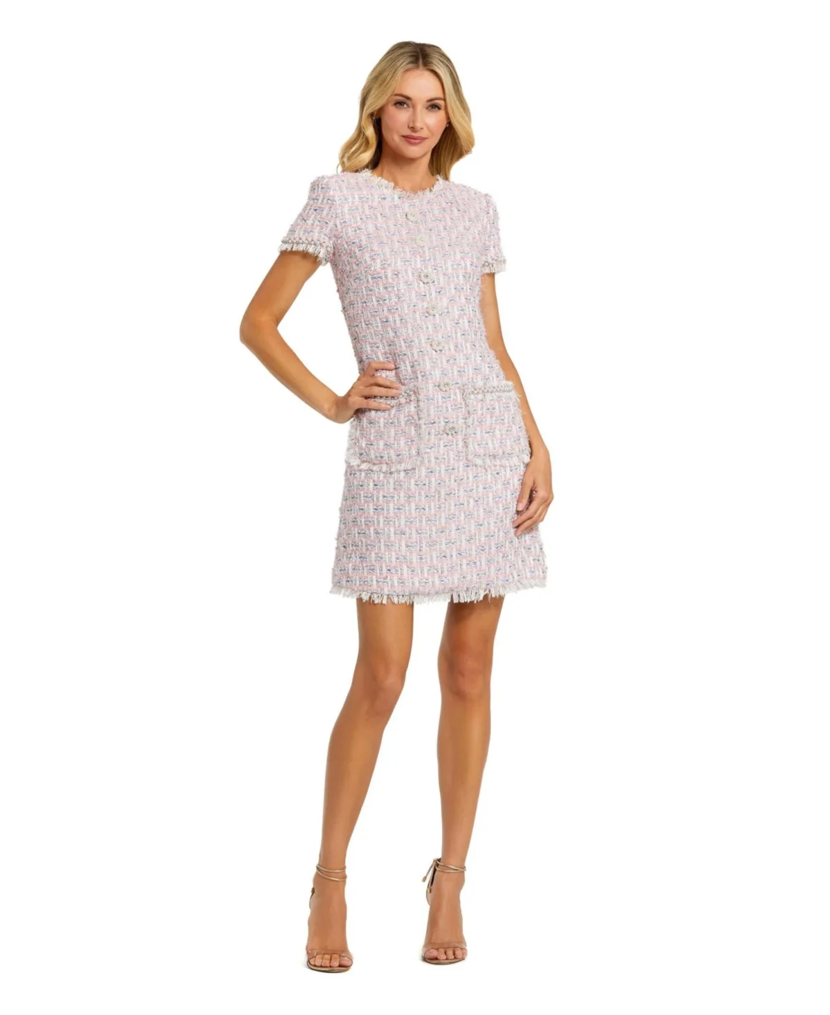Mac Duggal Floral Buttons and Pearl Detailing Boucle Shift Dress