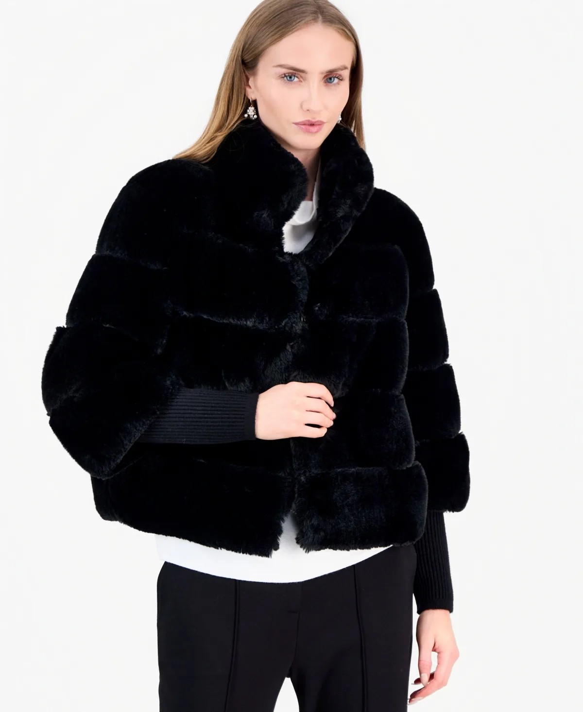T Tahari Long-Sleeve Mock Neck Faux Fur Jacket by Tahari