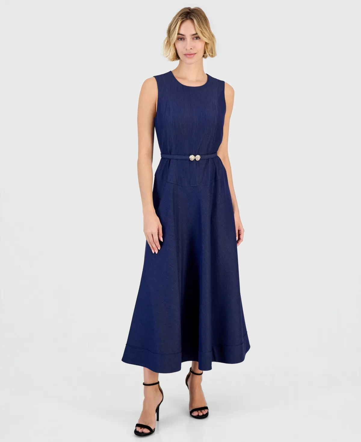 Anne Klein Seamed Drop Waist A-Line Midi Denim Dress