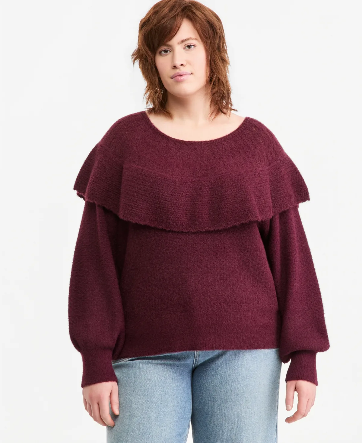 Pointelle Cape Ruffle-Trim Sweater