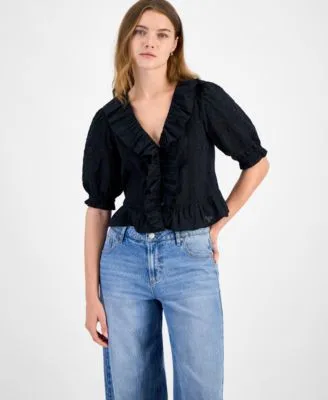 Cotton Ruffled Cropped Elbow Sleeve Blouse by And Now This