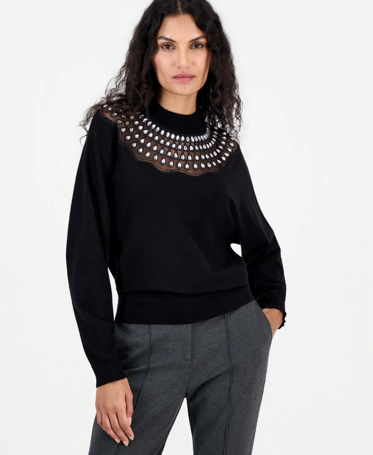 T Tahari Mock-Neck Dolman-Sleeve Lace Sweater