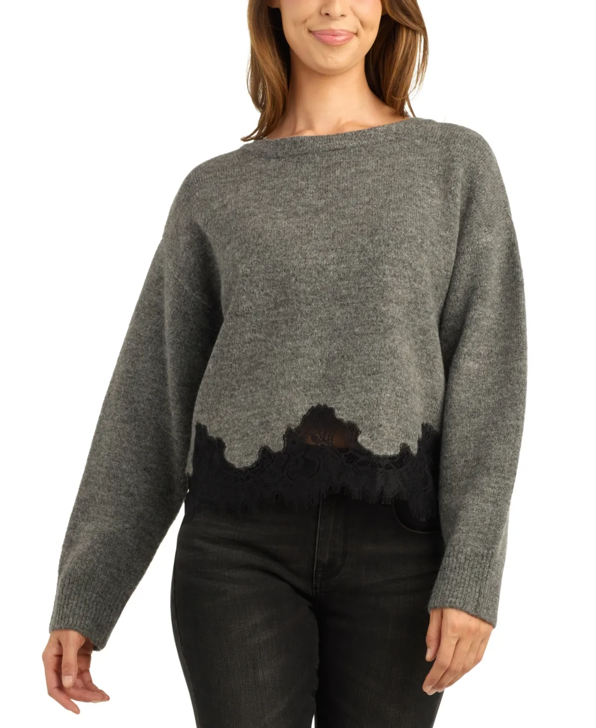 Bcx Long-Sleeve Crewneck Lace Sweater