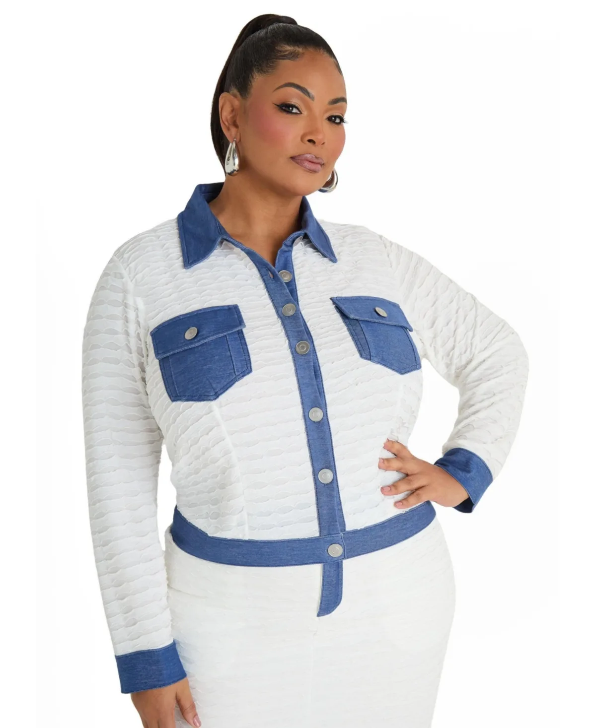 Denim Paneled Textured Jacket by Ashley Stewart