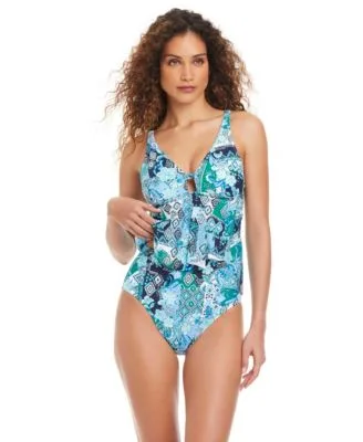 Front Cascade Printed Tankini High Waisted Swim Bottoms by Beyond Control