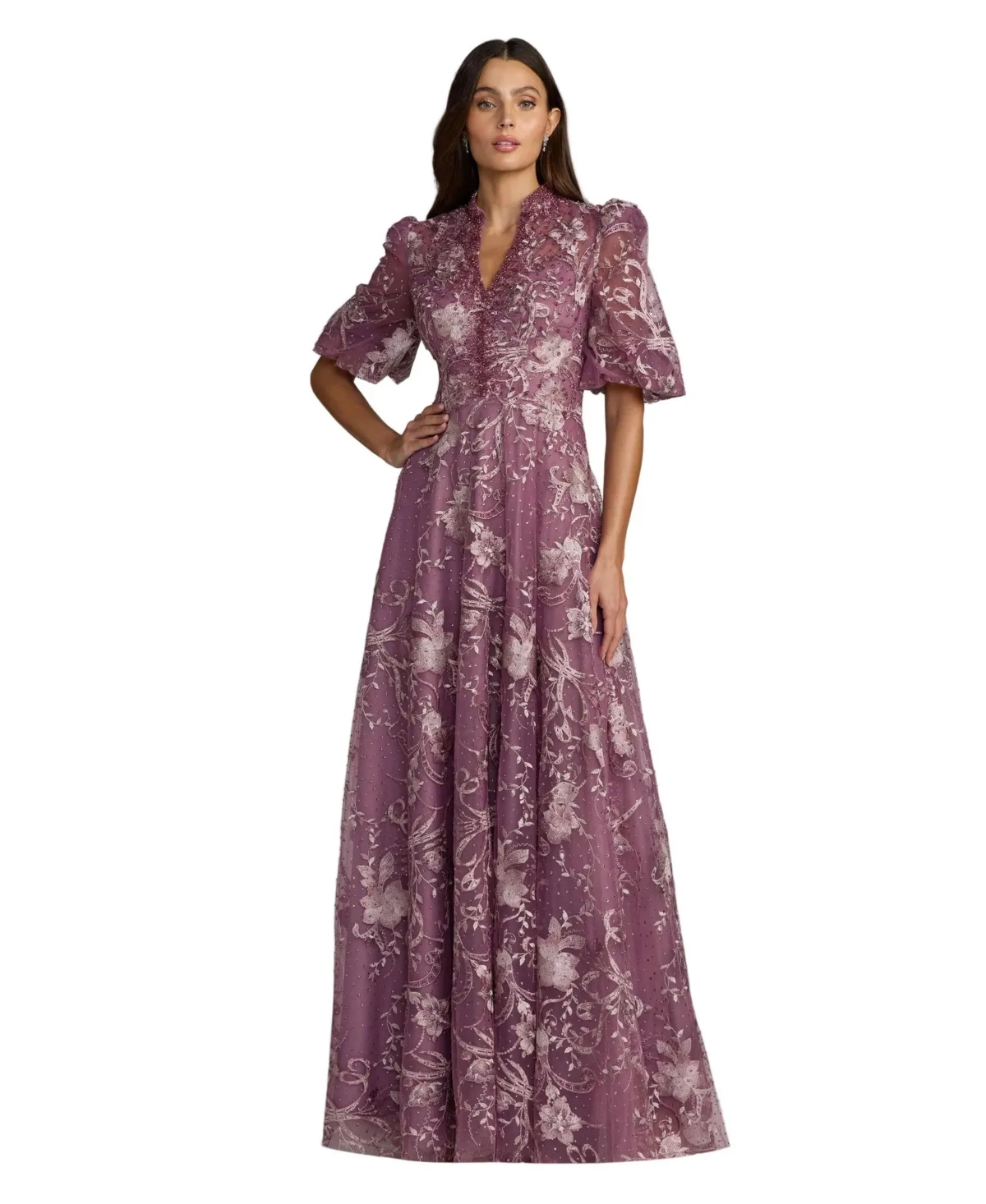 Mac Duggal Petite Embroidered Queen Anne Puff Sleeve a Line Gown by M.A.C.