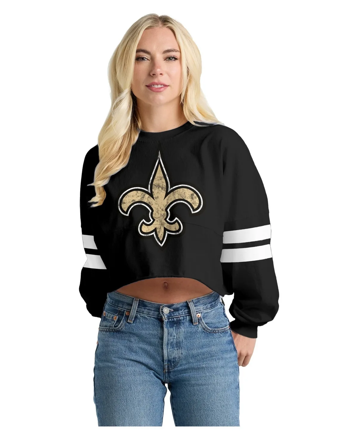 New Orleans Saints Oversized Cropped Stripe Long Sleeve T-Shirt by Spirit Jersey