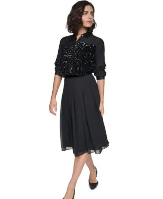 Mixed Media Sequin Long Sleeve Collared Blouse by Karl Lagerfeld