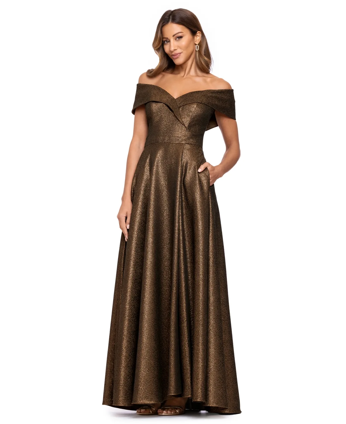 Off-the-Shoulder Metallic Jacquard Ball Gown by Xscape