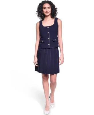 Contrast Stitch Round Neck Cropped Vest Pleated Skirt by Karl Lagerfeld
