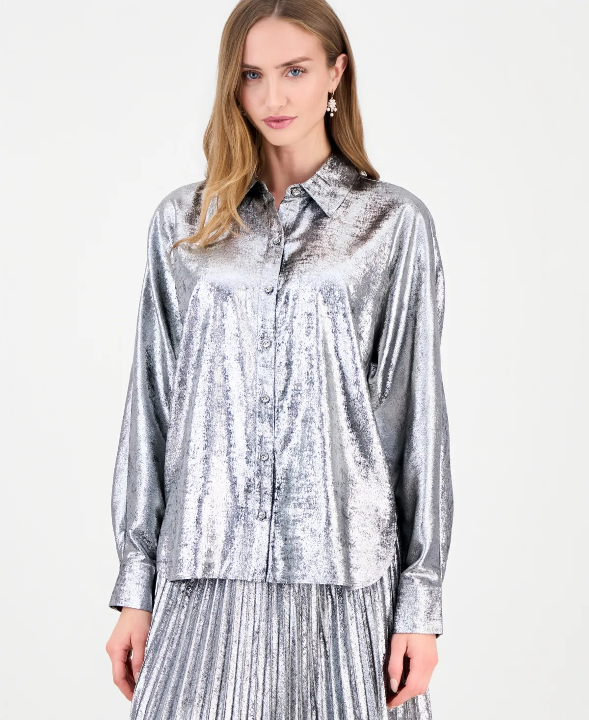 T Tahari Button-Down Metallic Long-Sleeve Blouse by Tahari