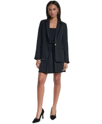 Mixed Media Notch Collar Velvet Trim Blazer Pleated a Line Velvet Trim Skirt by Karl Lagerfeld