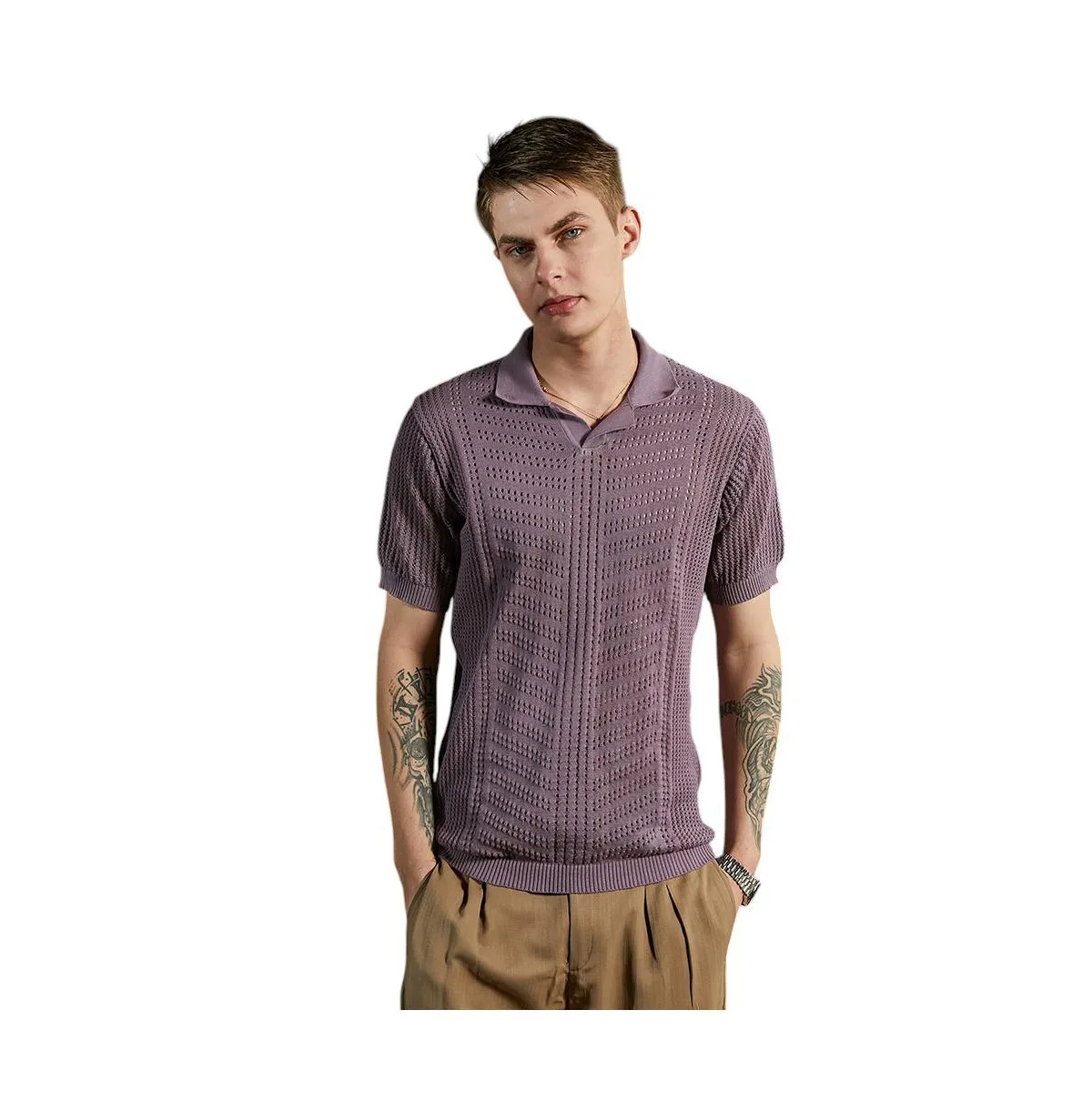Mauve Purple Stripe-Textured Polo T-Shirt by Campus Sutra