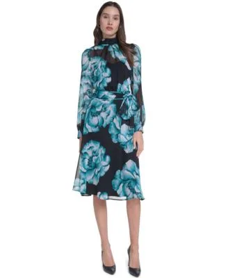 Wedding Guest Floral Print Long Sleeve Chiffon Midi Dress by Calvin Klein