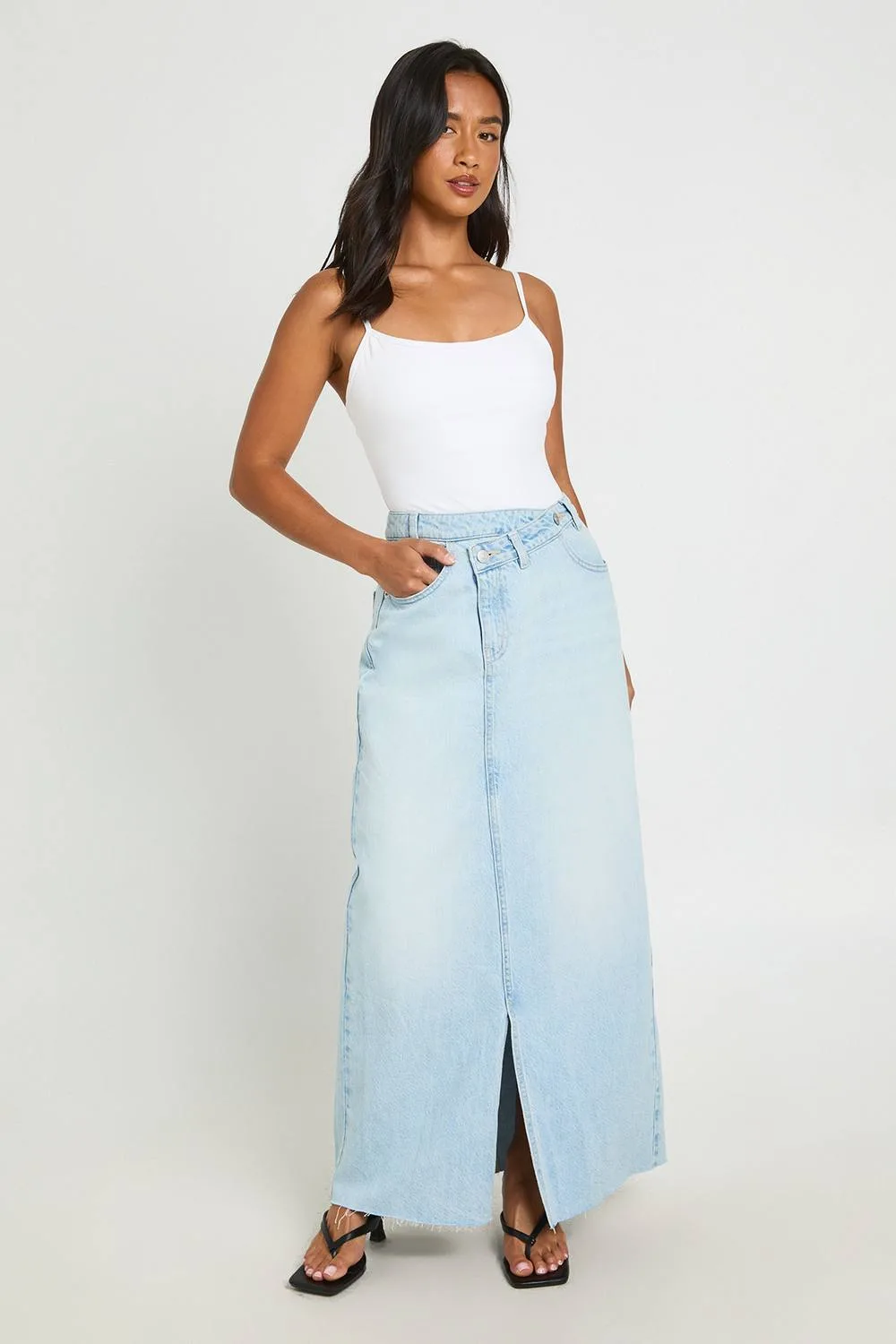 Petite Cross Waistband Denim Maxi Skirt by boohoo