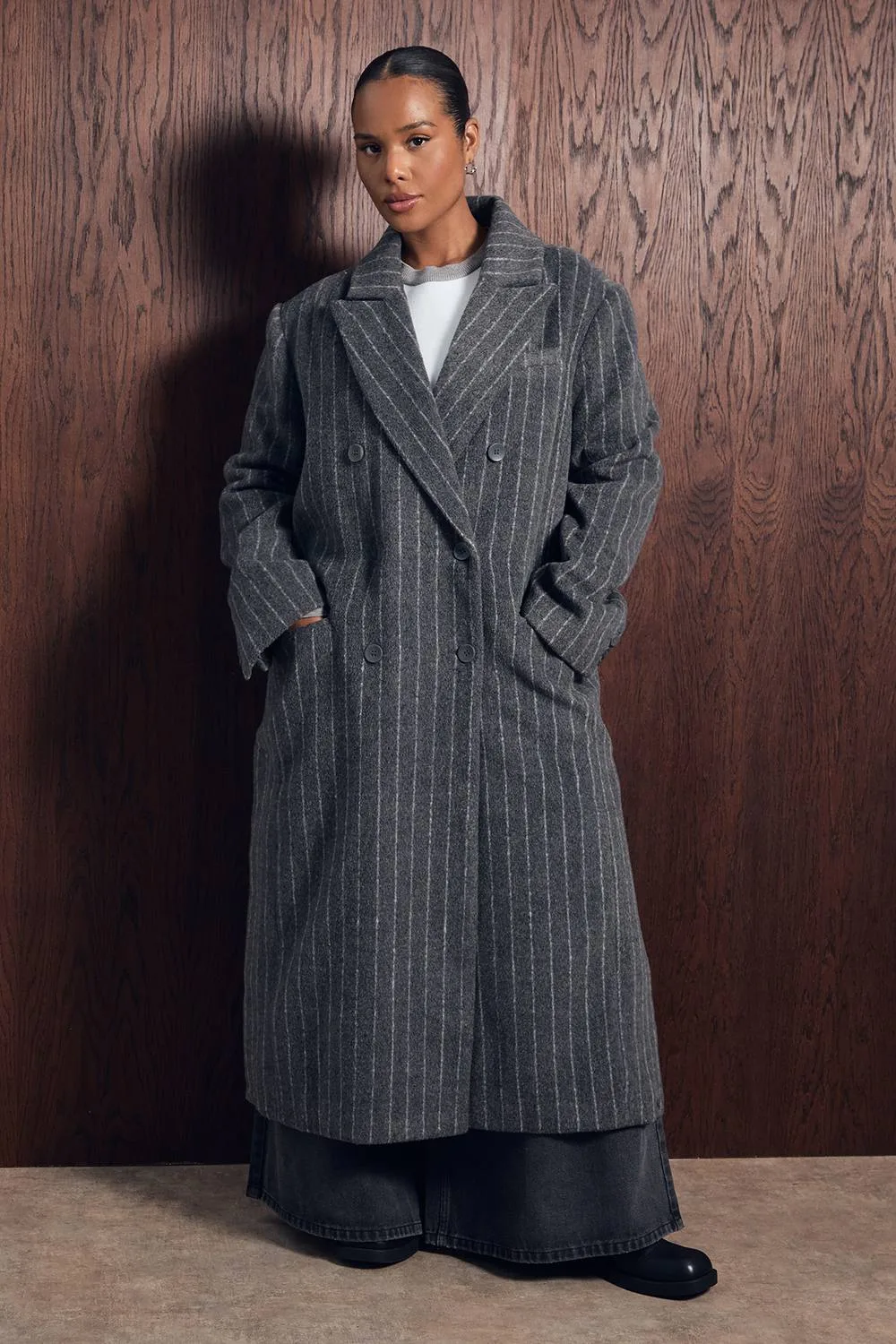Pinstripe Double Breasted Wool Look Coat by boohoo
