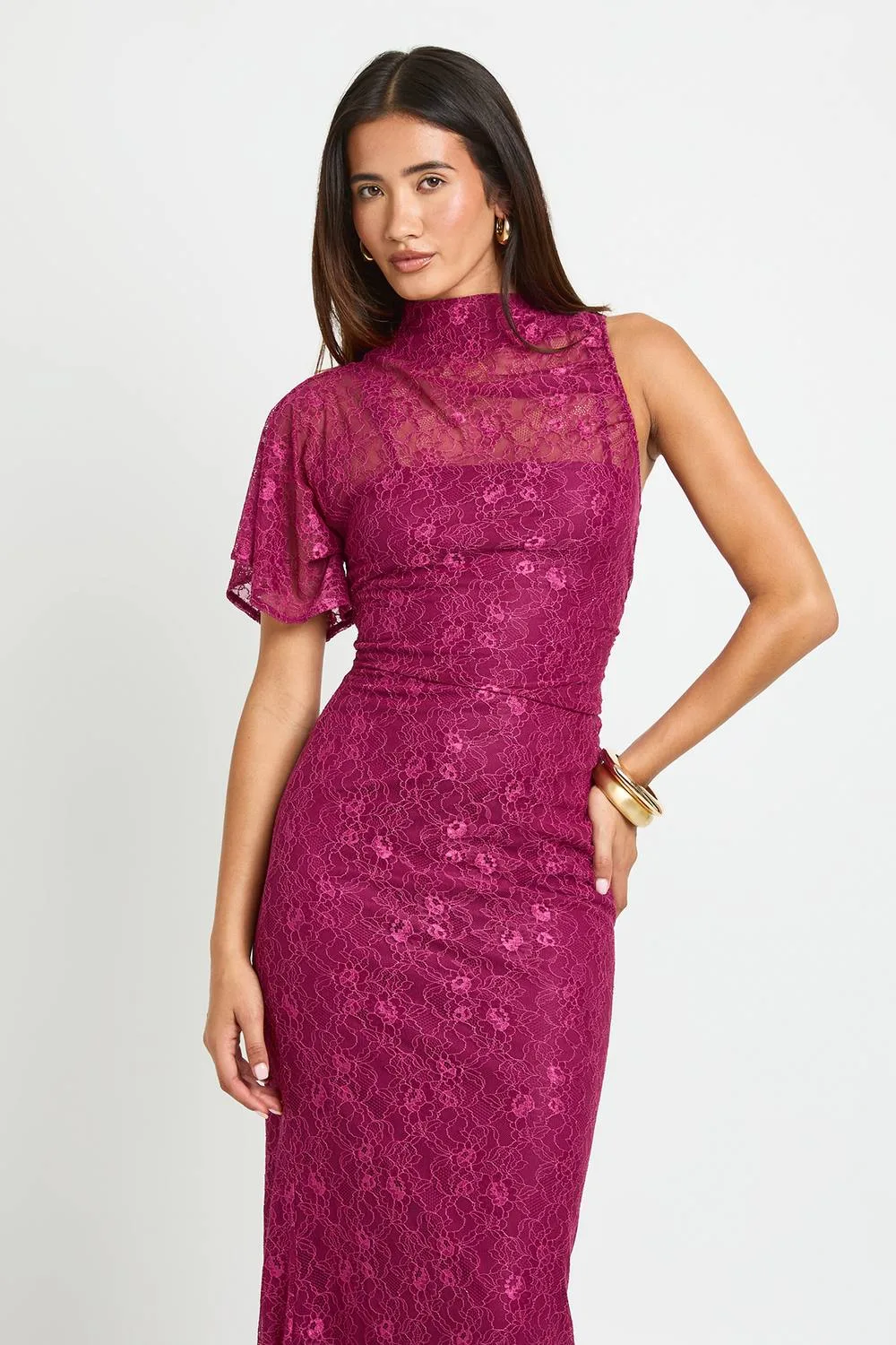Lace One Shoulder High Neck Maxi Dress by boohoo