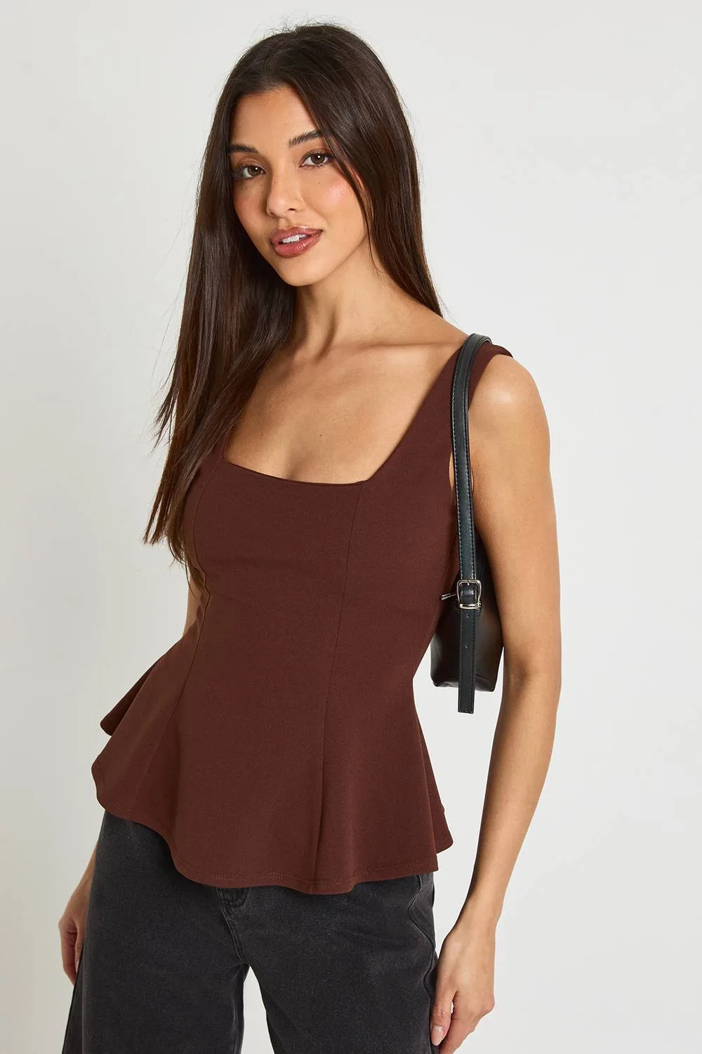 Scoop Neck Peplum Top Faux Leather