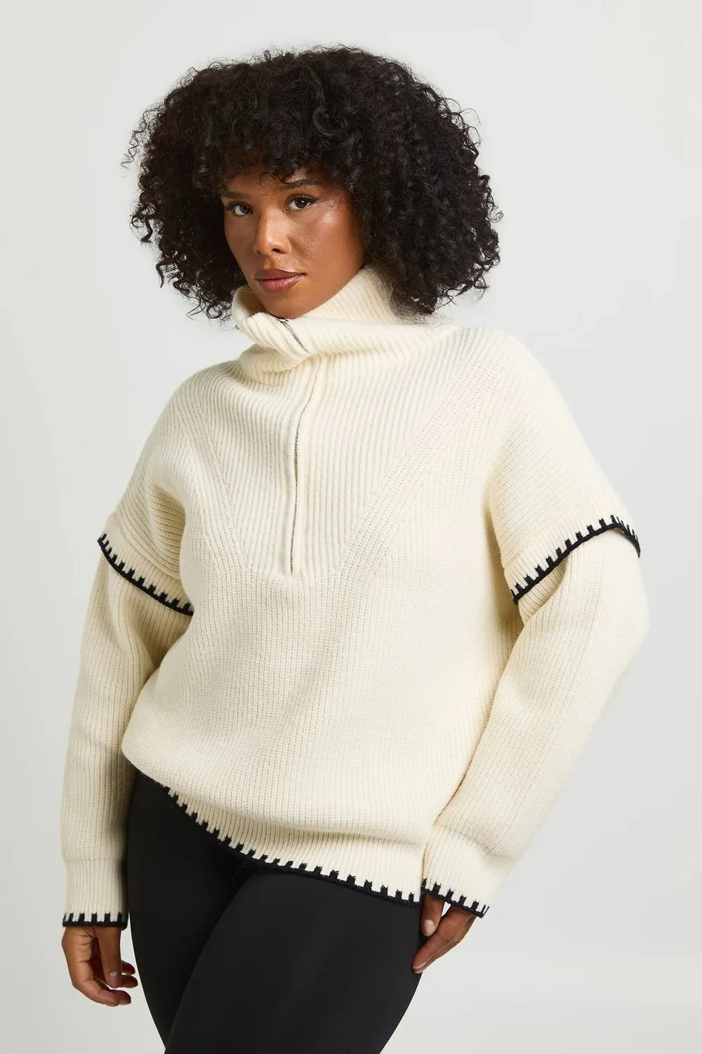 Contrast Stitch Zip Neck Jumper by boohoo