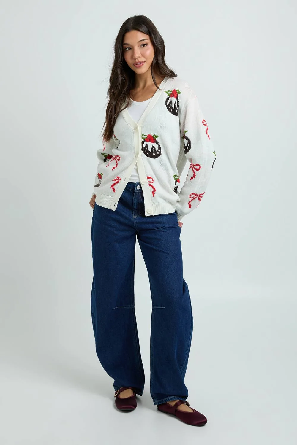 Christmas Pudding Bow Cardigan by boohoo
