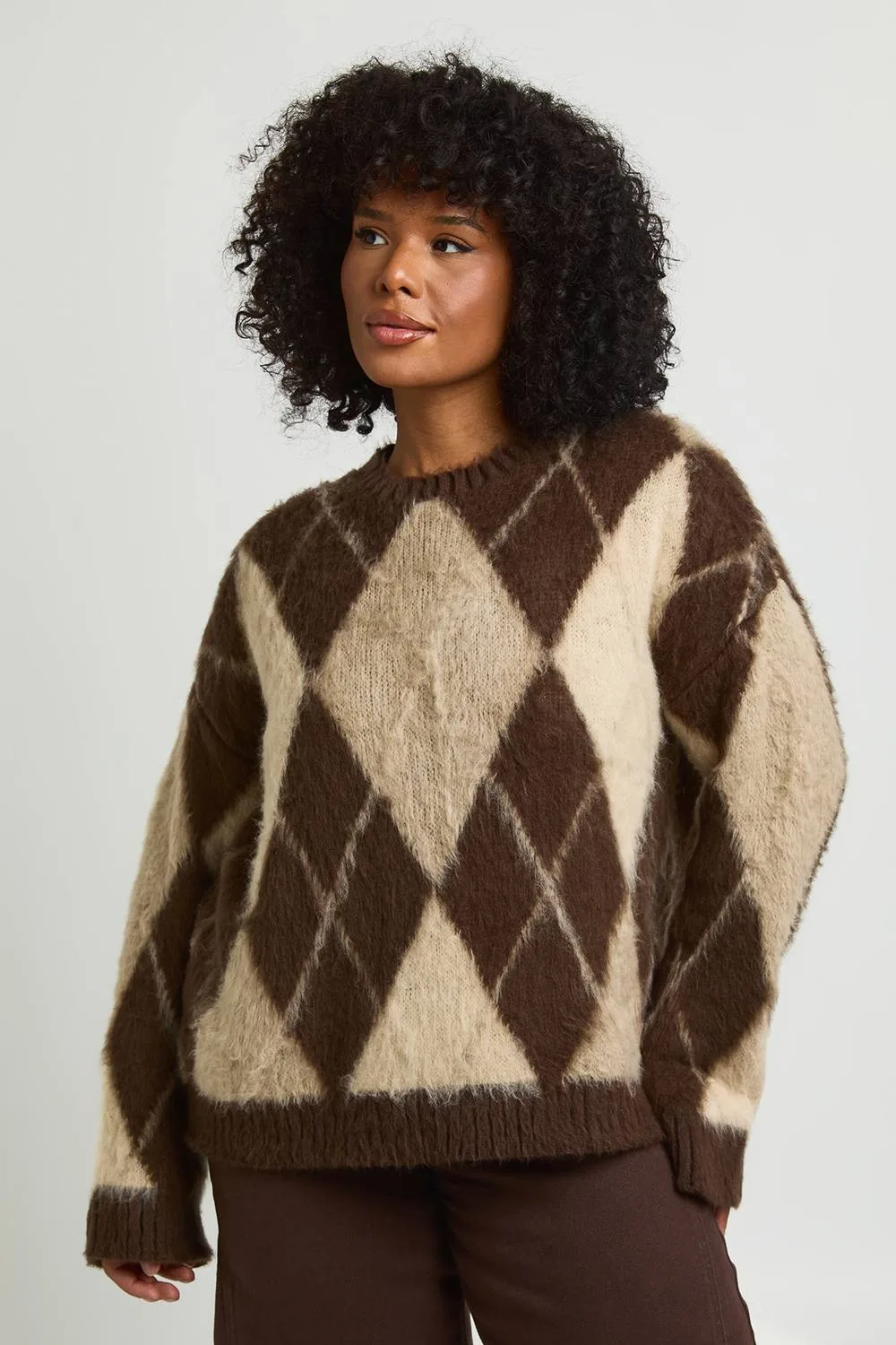 Brushed Knit Argyle Oversized Jumper by boohoo