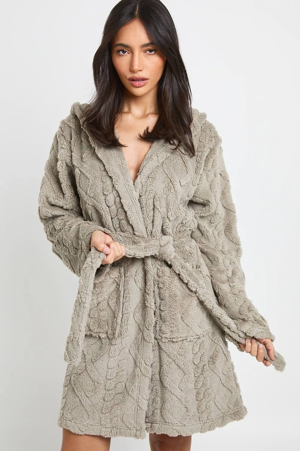 Cable Fleece Mini Hooded Dressing Gown