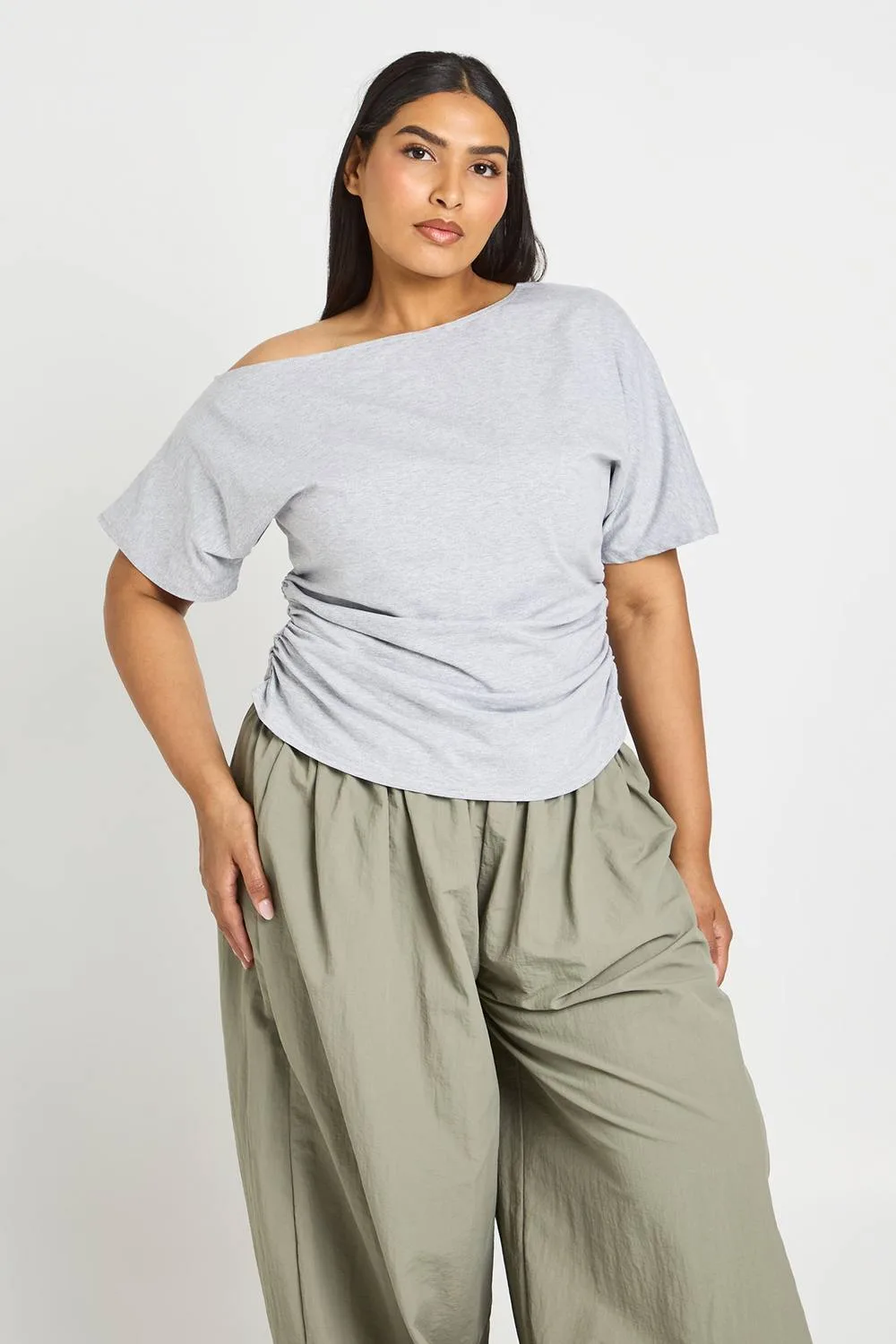 Cotton Elastane Ruched Waist Asymmetric Top