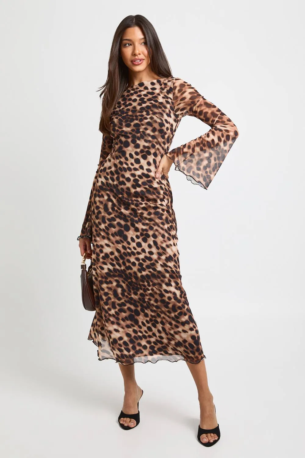 Tonal Leopard Print Fit & Flare Mesh Midaxi Dress