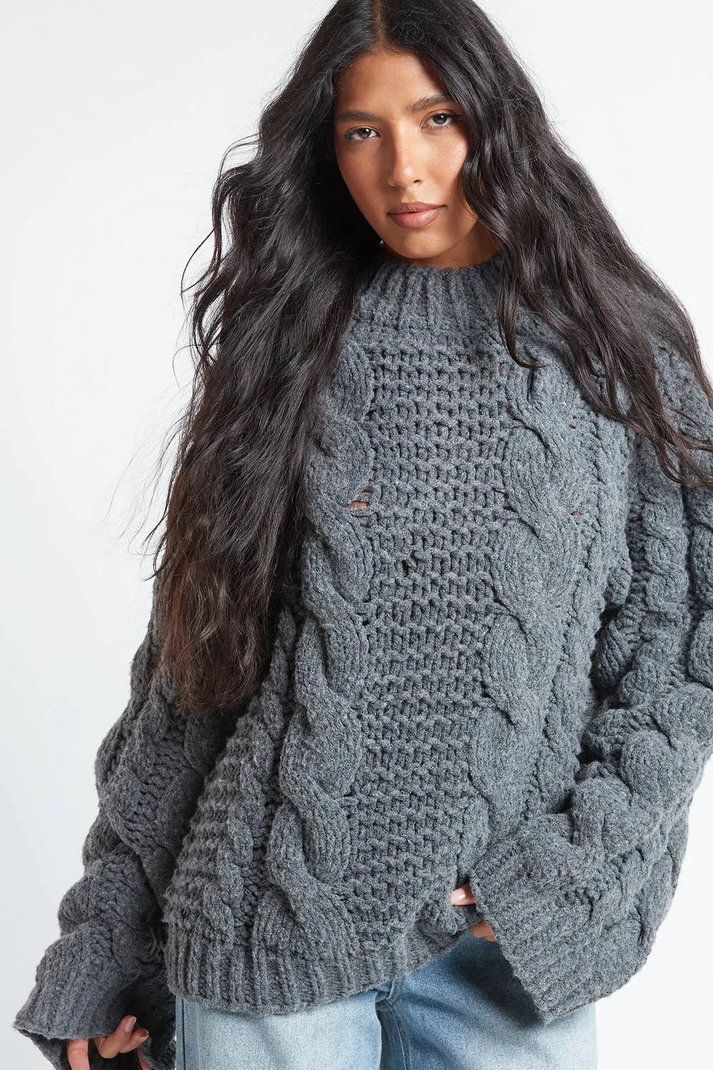 Chunky Knit Cable Oversized Jumper by boohoo