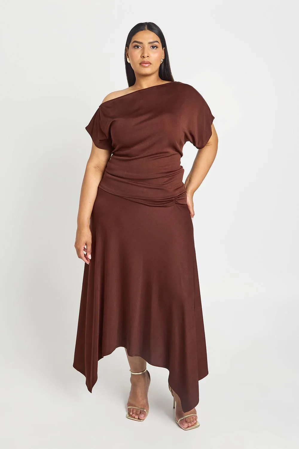 Asymmetric Off-Shoulder Top & Hanky Hem Midaxi Skirt Co-Ord by boohoo