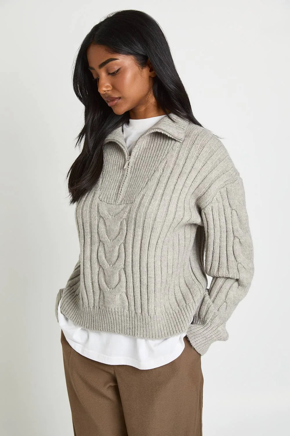 Zip Neck Chunky Cable Jumper by boohoo